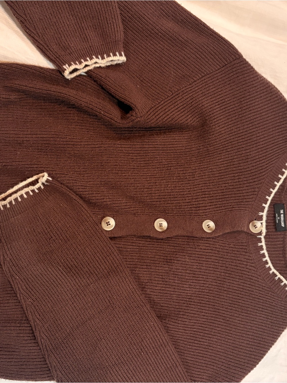 Workshop Republic Clothing Brown Knit Cardigan with Cream Trim